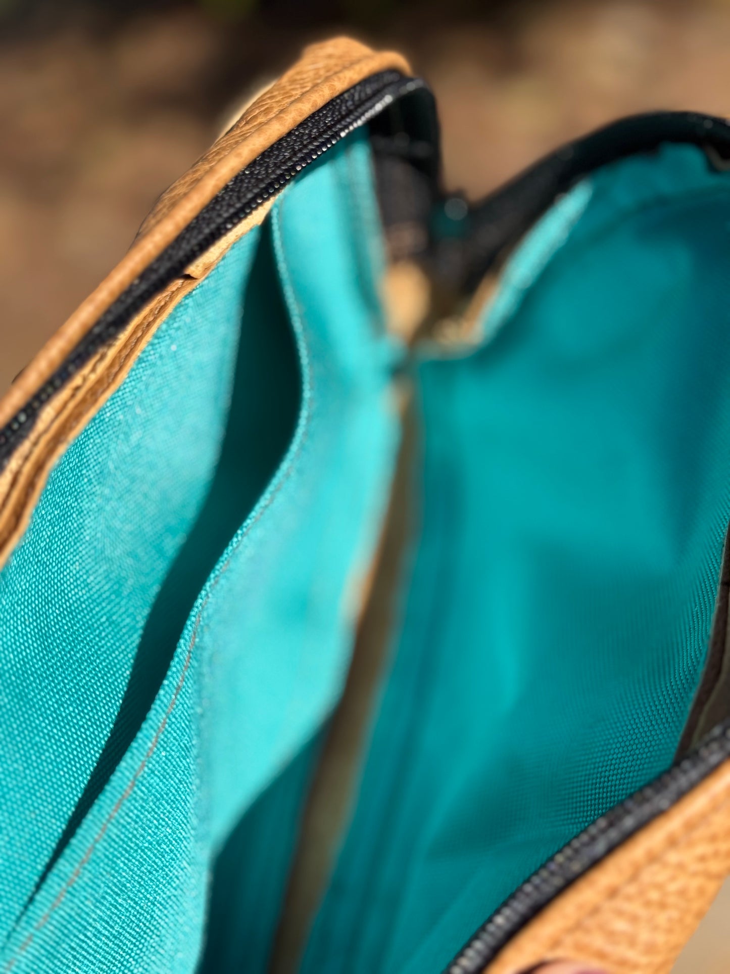 Crossbody Sling Bag - tan with turquoise lining