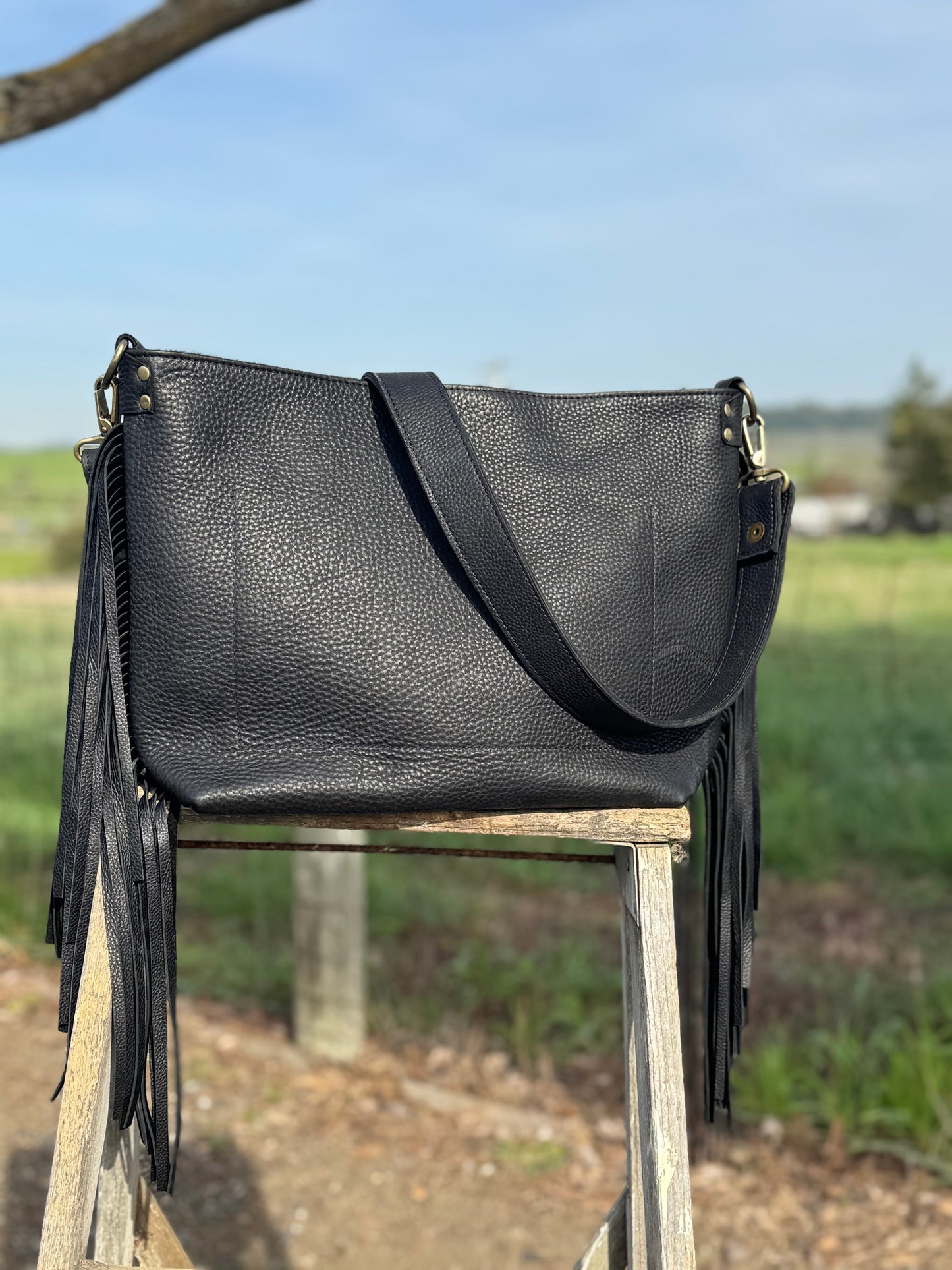 Penngrove Bag - Black and White Cow Hair With Fringe