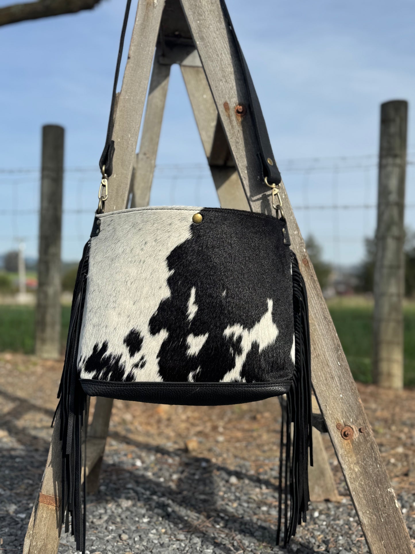 Penngrove Bag - Black and White Cow Hair With Fringe
