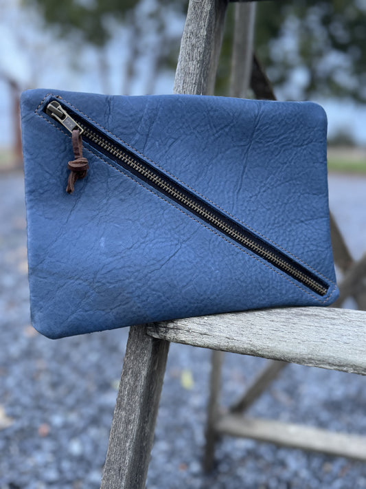 Toiletry Bag - Blue with Brown Stitching