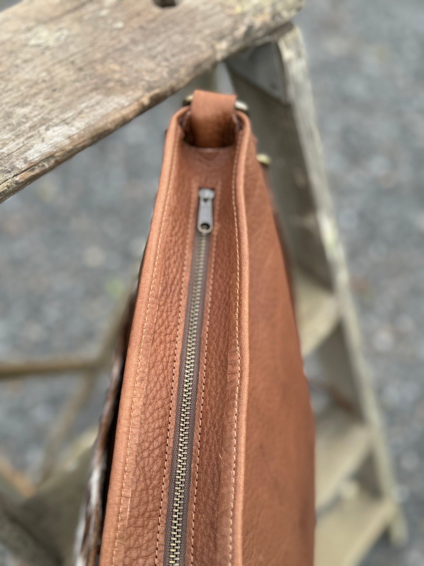 Penngrove Bag - Brown with cow hair pocket and zipper closure