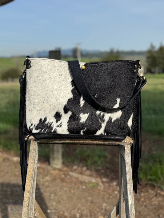 Penngrove Bag - Black and White Cow Hair With Fringe