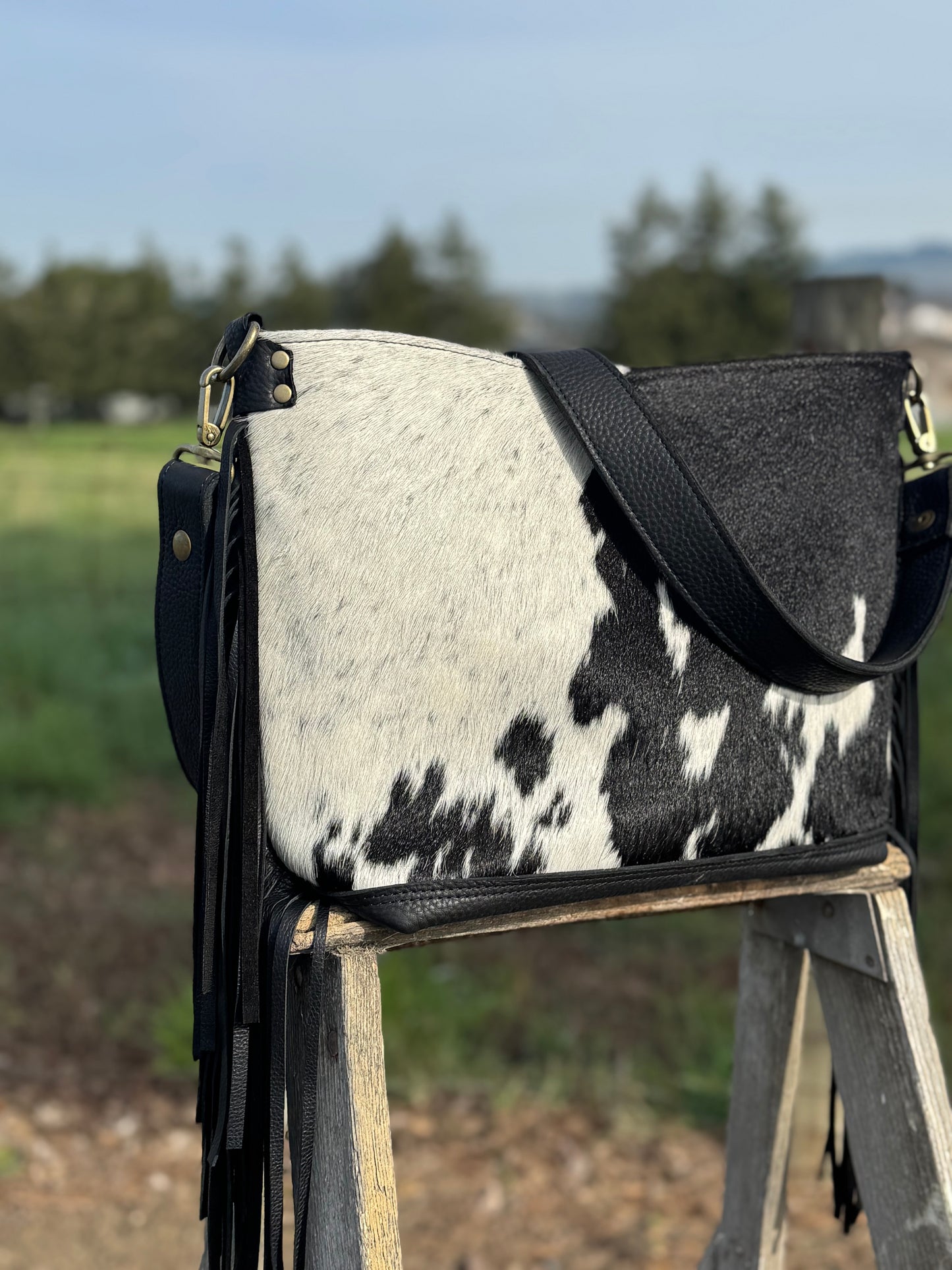 Penngrove Bag - Black and White Cow Hair With Fringe