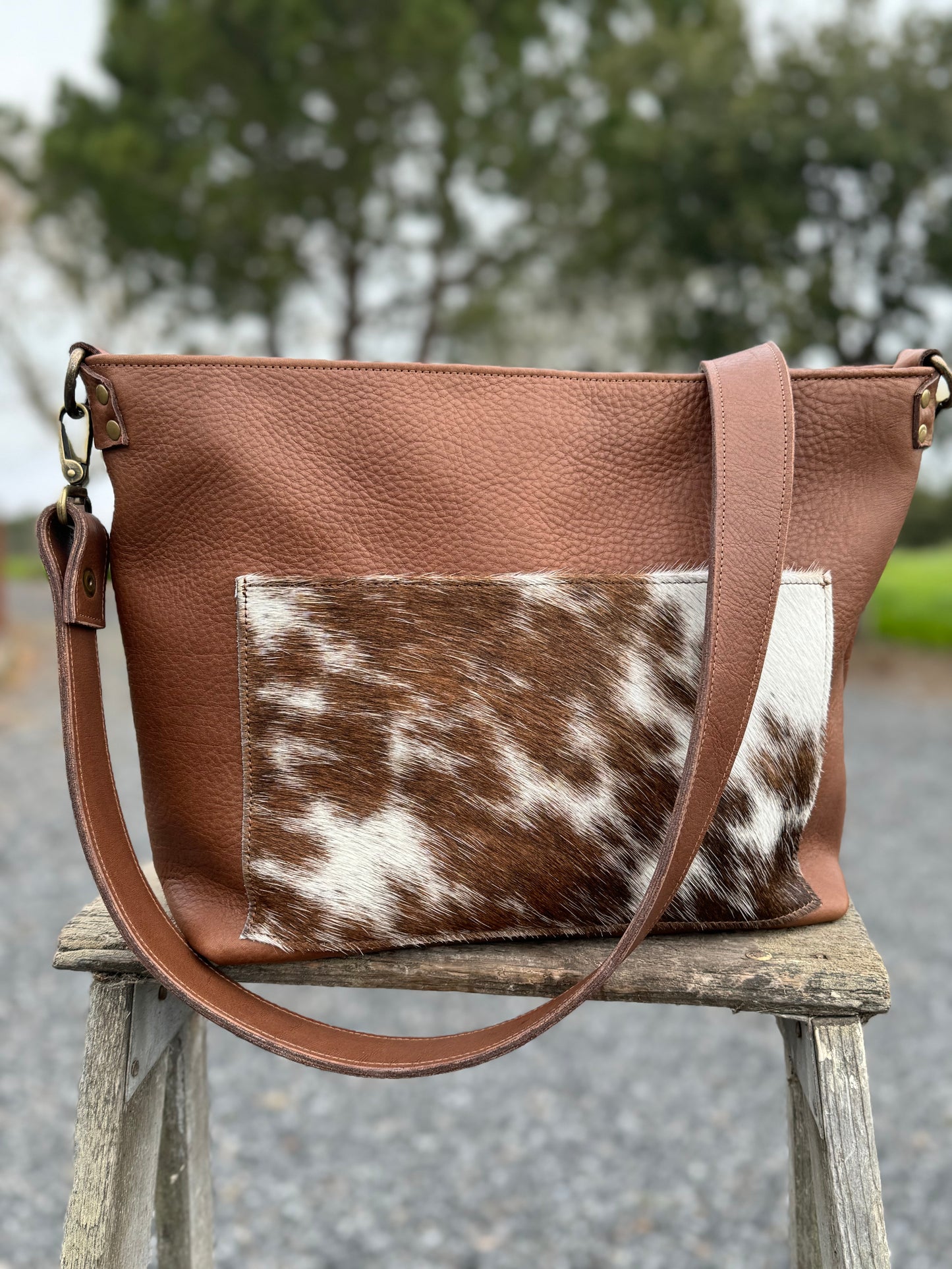 Penngrove Bag - Brown with cow hair pocket and zipper closure