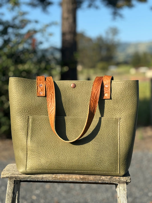 Bodega Bag- Green with floral embossed straps